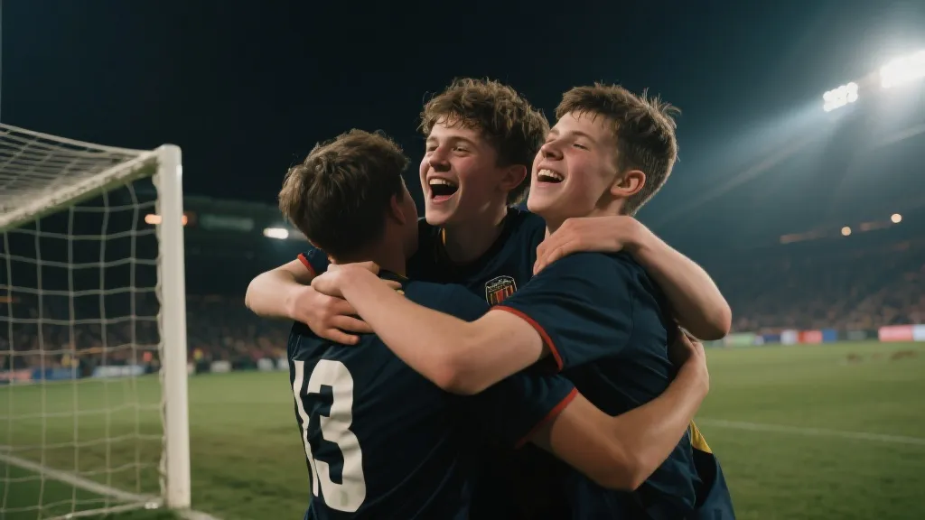 年轻球员在球场聚光灯下庆祝进球，队友拥抱，充满逆袭氛围的纪实风画面